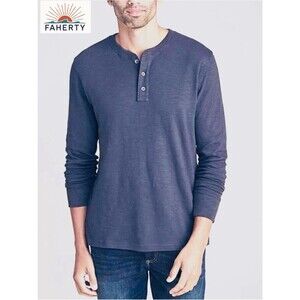 Faherty Men’s LS Slub Cotton Henley Long Sleeve Tee Shirt Blue XL